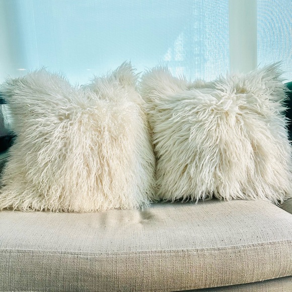 Set of 2 White West Elm Mongolian Lamb Pillows